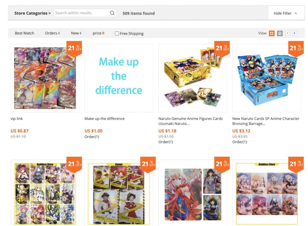 A tricky screenshot from the AliExpress trading cards search results. you think you're getting an incredible deal but actually you just have the wrong item selected.